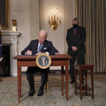 US President Joe Biden signs a series of executive orders on tackling climate change on January 27, 2021 in Washington, DC.