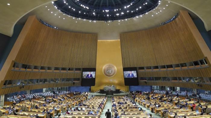 Foreign Minister of Russia Sergey Lavrov addresses the United Nations General Assembly.