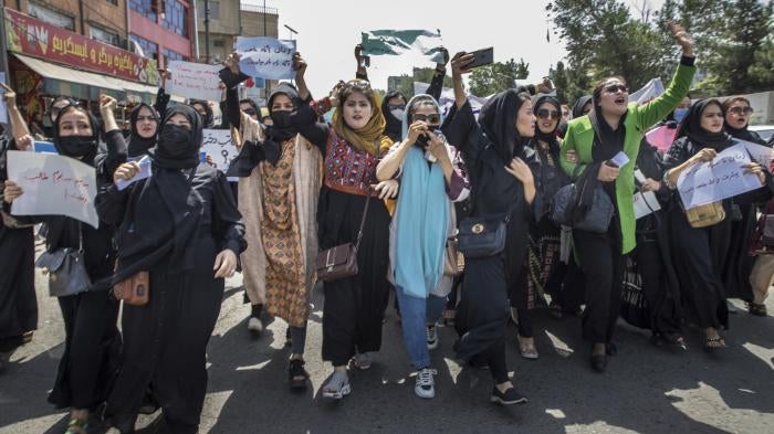 Afghan women demonstrate in the center of Kabul, Afghanistan.