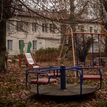 The overgrown playground of a residential institution for children in Kherson, Ukraine, where Russian forces allegedly took 46 children from, as seen on November 27, 2022.