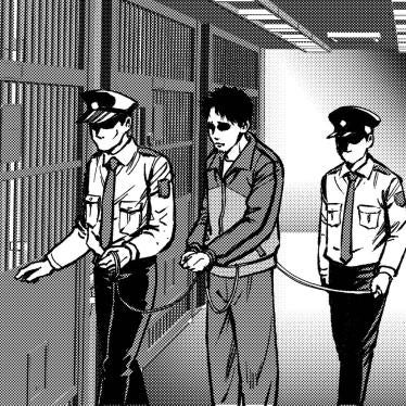 Manga illustration of a man in handcuffs being led into a prison cell by two guards