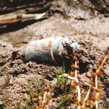 Unexploded DPICM submunition found by Human Rights Watch researchers in a field north of Baghdad, Iraq, in May 2003.