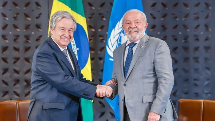 Brazil’s president, Luiz Inácio Lula da Silva, during a meeting with the secretary-general of the United Nations