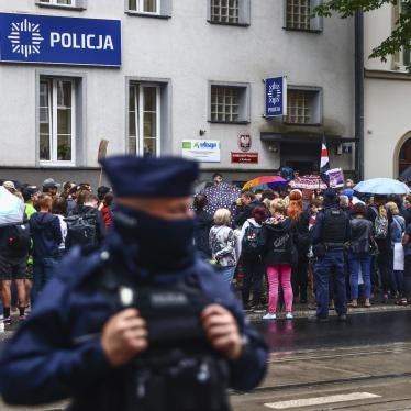 People demonstrate outside a police station during 'Solidarity with Joanna' protest in Krakow, Poland on July 25, 2023.