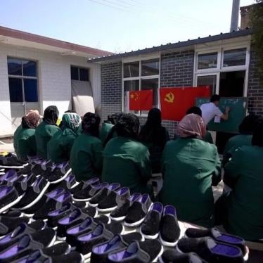 A WeChat post by the state television station in Linxia shows how a mosque was closed and turned into a cloth shoe poverty alleviation workshop in Huangniwan Village in August 2018, Linxia Hui Autonomous Prefecture, Gansu Province, China, May 14, 2020.