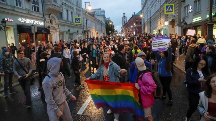 LGBT activists hold a rainbow flag at a rally in Pushkin Square in Moscow, Russia, in July 2020. In November 2023, Russia’s Supreme Court granted a request from the country’s Justice Ministry to outlaw the "international LGBT movement" as "extremist."