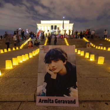 A photo of Armita Geravand,  a 16-year-old Iranian student who died after falling into a coma following an encounter with authorities in Iran,  is displayed in front of the Lincoln Memorial in Washington, DC, October 28, 2023.