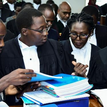 Human Rights lawyers led by West Budama North East Constituency Member of Parliament Fox Odoi-Oywelowo (R) attend the hearing of petitions and applications challenging the anti-gay law at the constitutional court in Kampala, Uganda, November 28, 2023. 