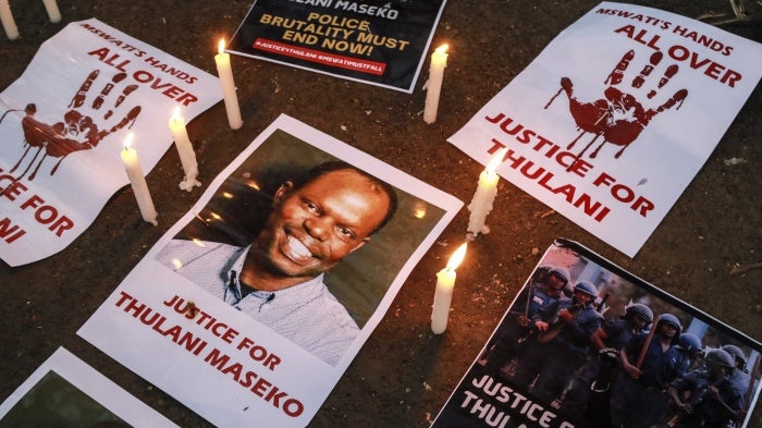 A vigil decrying the assassination of Eswatini Human Rights Lawyer Thulani Maseko in Nakuru Town, Kenya, January 30, 2023.