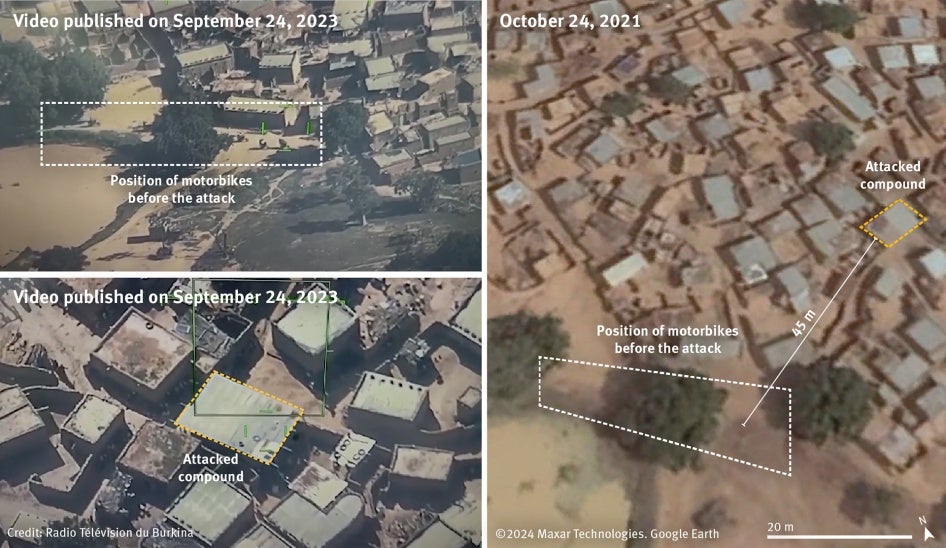 Left, two screenshots taken from a video posted on September 24, 2023 to Radiodiffusion Télévision du Burkina’s YouTube channel. It shows the activities before the strike on the compound. © Radiodiffusion Télévision du Burkina. Right, a satellite image shows the approximate distance between the motorbikes and the compound. Satellite image: © Maxar Technologies. Source Google Earth. Analysis and Graphics © 2024 Human Rights Watch