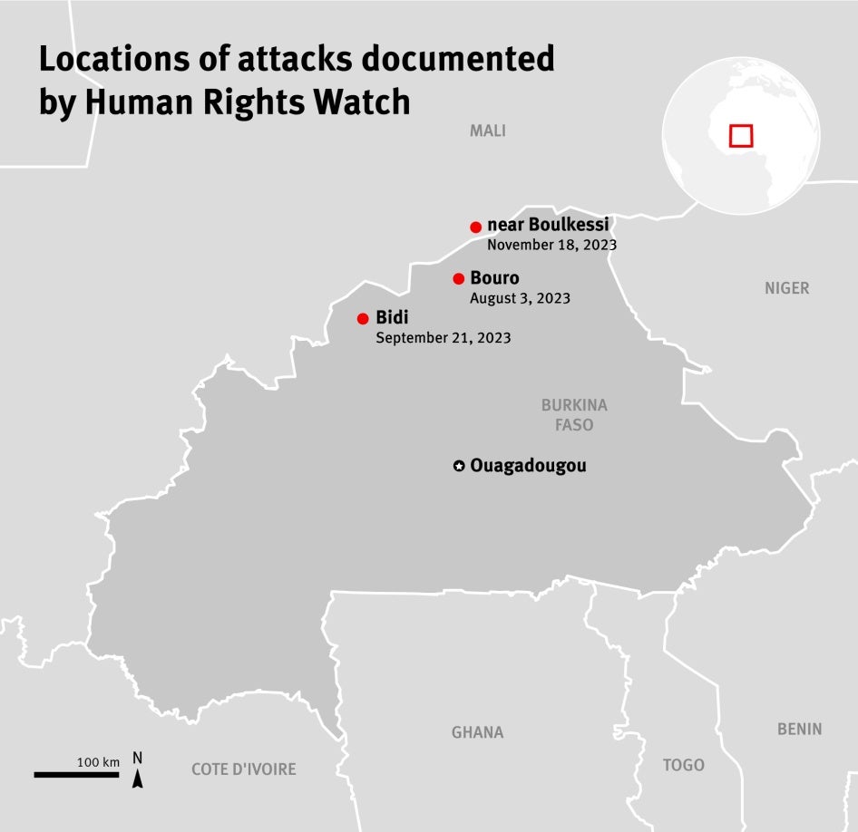 Location of the three attacks in Burkina Faso and Mali documented by Human Rights Watch. Data © OpenStreetMap contributors. Graphic © 2024 Human Rights Watch