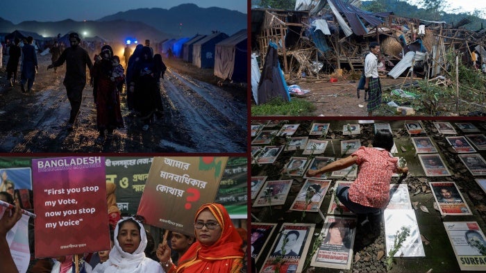 collage of 2023 events in Afghanistan, Myanmar, Bangladesh, and the Philippines. 