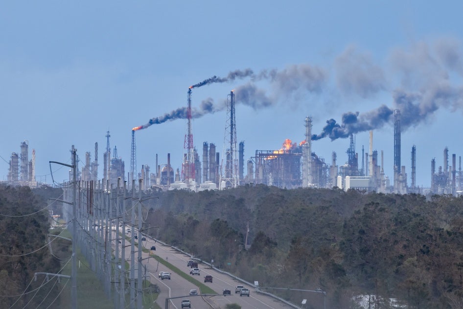 Flares and smoke released from fossil fuel and petrochemical plants
