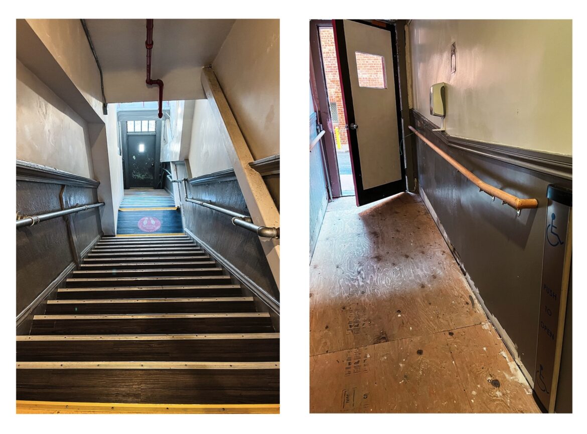 The photo on the left shows a steep staircase. The photo on the right shows a wooden table.