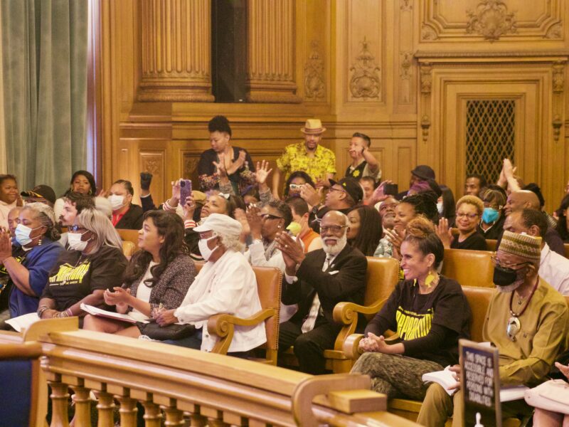 People cheering and waving hands in the audience at a Board of Supervisors meeting