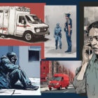 A collage depicting someone making a phone call about a homeless person in distress, as well as the emergency responders who may be dispatched to that call.