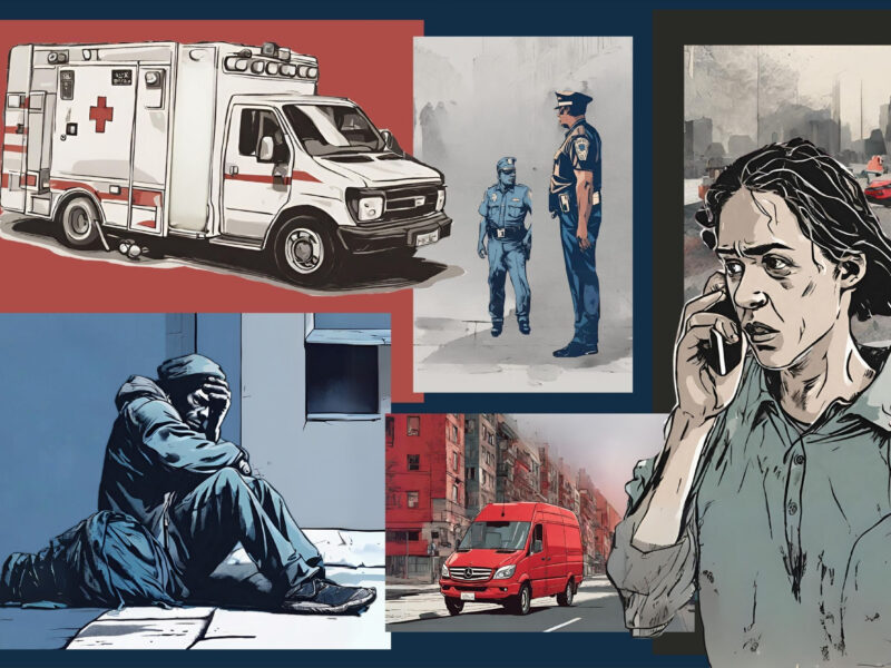 A collage depicting someone making a phone call about a homeless person in distress, as well as the emergency responders who may be dispatched to that call.