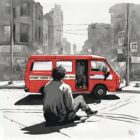 An illustration of a man watching the arrival of a red van, labelled Street Crisis Response Team — a common scene before people are put on involuntary psychiatric detentions AKA “5150 holds.”