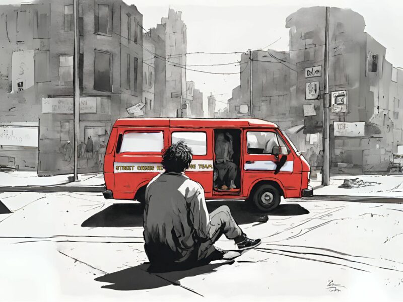 An illustration of a man watching the arrival of a red van, labelled Street Crisis Response Team — a common scene before people are put on involuntary psychiatric detentions AKA “5150 holds.”