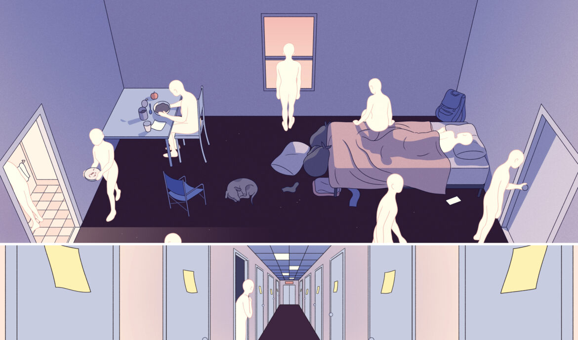 An illustration with 25 panels depicting calendar pages alternating with experiences of people living in homelessness or temporary shelter while waiting to be assigned to permanent housing.