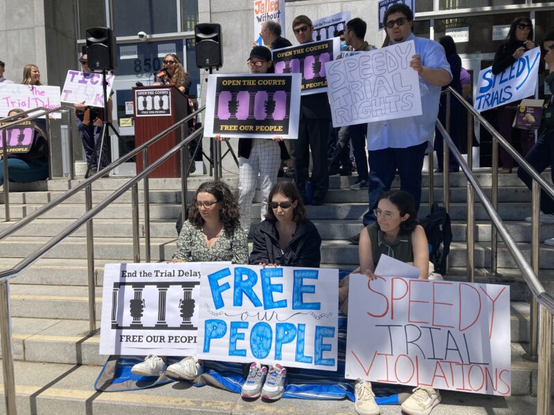 A group of people stand and sit holding signs on the steps of a court building. Some of the signs read: "open the courts, free our people," "speedy trial rights," "end the trial delay, free our people," "free our people," and "speedy trial violations." In the upper left background, woman standing at a lectern speaks into a microphone.