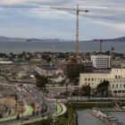 Long view of Treasure Island with construction crane in the distance