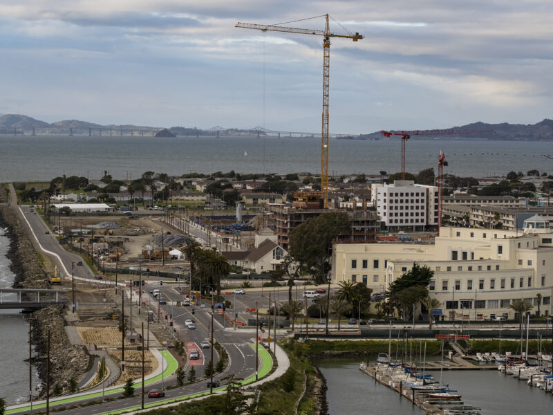 Long view of Treasure Island with construction crane in the distance