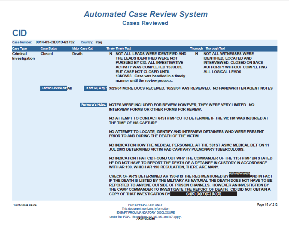 Figure 1: Screenshot of a case reviewed by the Criminal Investigation Division's Automated Case Review System, including reviewer's comments on shortcomings of the investigative process