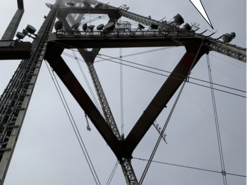 The 102.5 FM transmitter antenna is located on the second level of Sutro Tower.