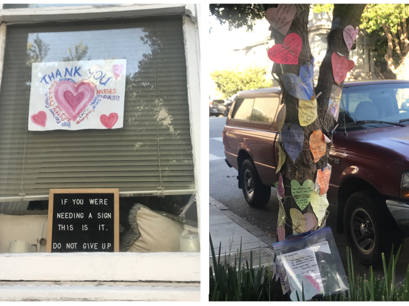 During the early days of the pandemic, San Francisco residents displayed signs expressing gratitude for essential workers and posted personal notes of appreciation on a tree near the corner of Vallejo and Gough streets.